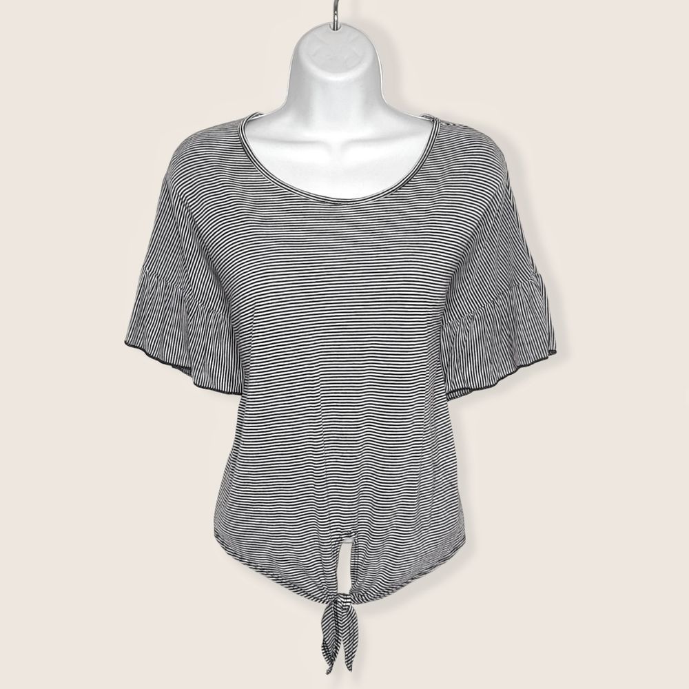Caution To The Wind | Striped Tie Waist Flounce pSleeve Top | Medium